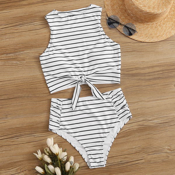 

Striped Knot Hem With Ruched Bikini Set