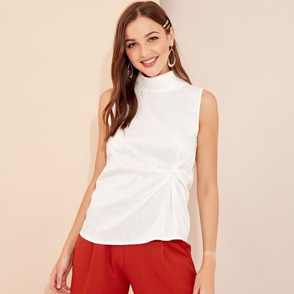 

High Neck Twist Front Textured Top, White