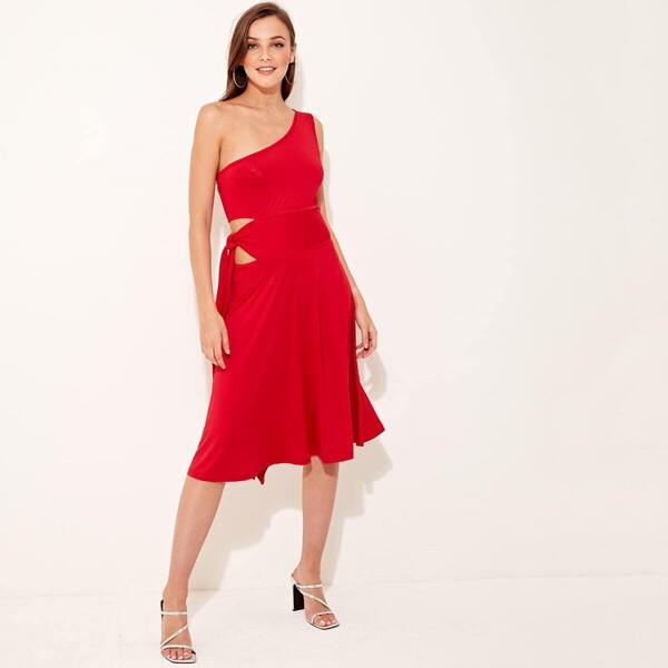 

One Shoulder Tie Waist Midi Dress, Red bright