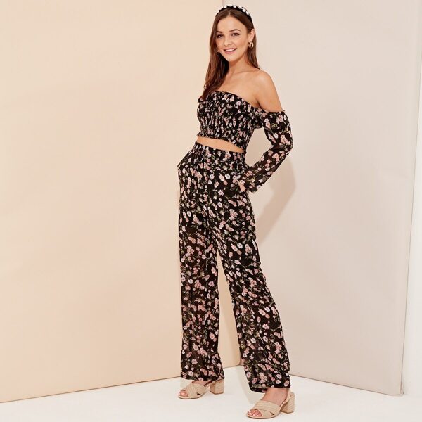 

Ruffle Trim Shirred Bardot Top & Palazzo Pants Set, Multicolor