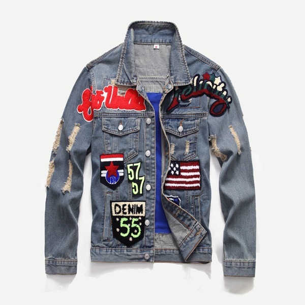 

Men Patched & Ripped Detail Denim Jacket