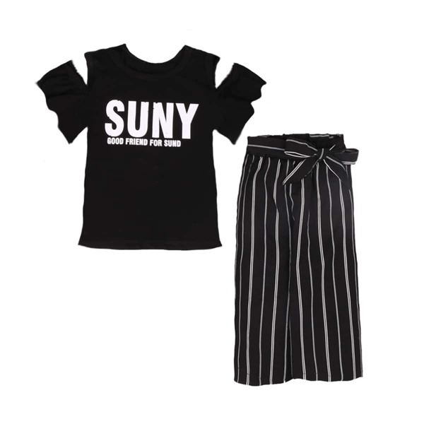 

Toddler Girls Letter Print Open Shoulder Tee With Striped Trousers