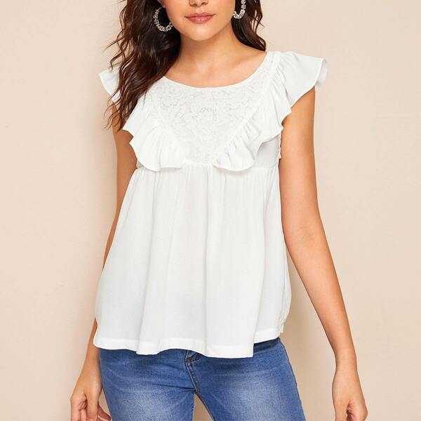 

Contrast Lace Ruffle Trim Sleeveless Top