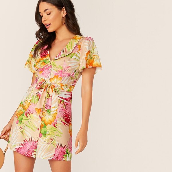 

Tropical Print Button Front Belted Dress, Multicolor