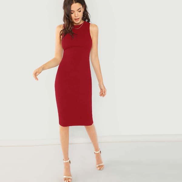

Solid Sleeveless Midi Pencil Dress
