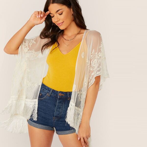 

Fringe Hem Embroidered Mesh Kimono