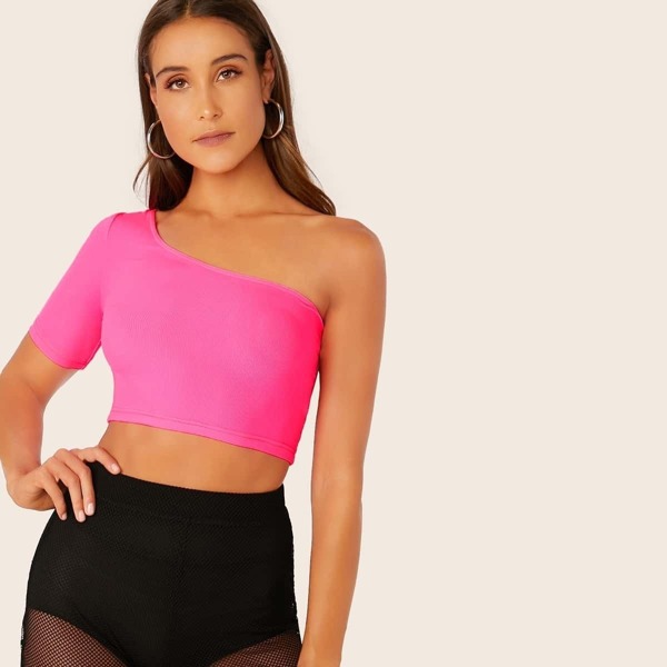 

Neon Pink One Shoulder Rib-knit Crop Top, Pink bright