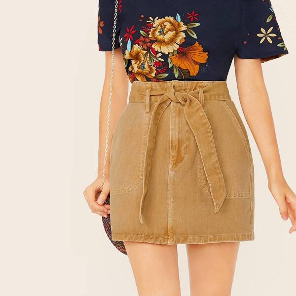 

Waist Tie Side Pocket Denim Mini Skirt