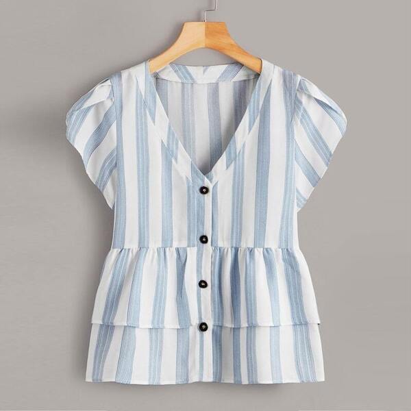 

Plus Button Front Striped Ruffle Hem Petal Sleeve Blouse