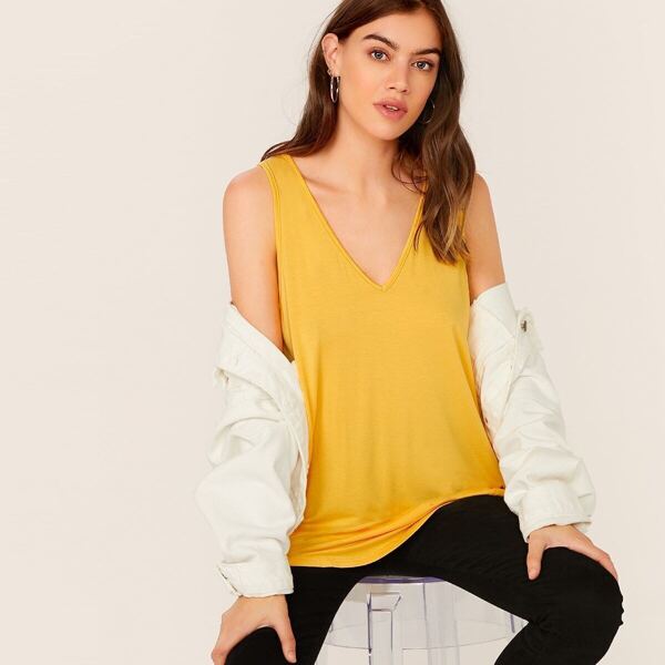 

V-neck Solid Longline Tank Top, Yellow