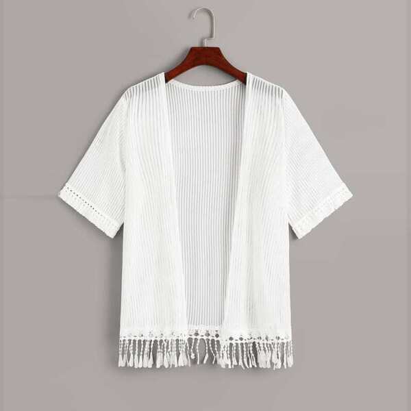 

Plus Vertical-striped Lace Panel Fringe Kimono