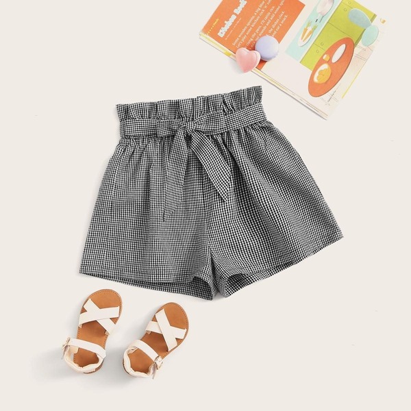 

Girls Paperbag Waist Self Belted Plaid Shorts