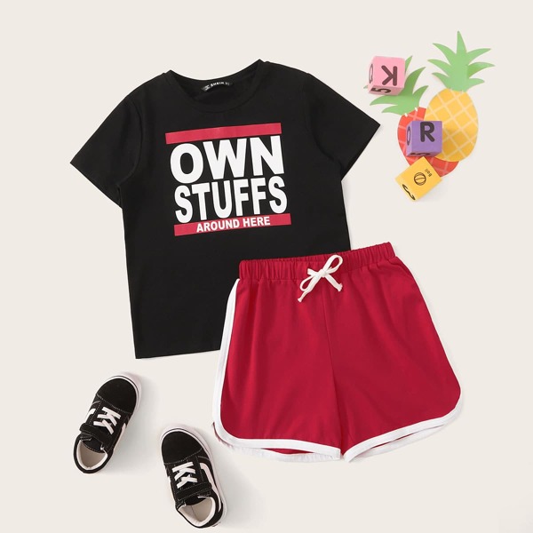 

Boys Slogan Graphic Top & Dolphin Shorts Set, Multicolor