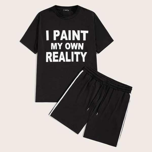 

Men Slogan Print Top and Drawstring Waist Shorts Set