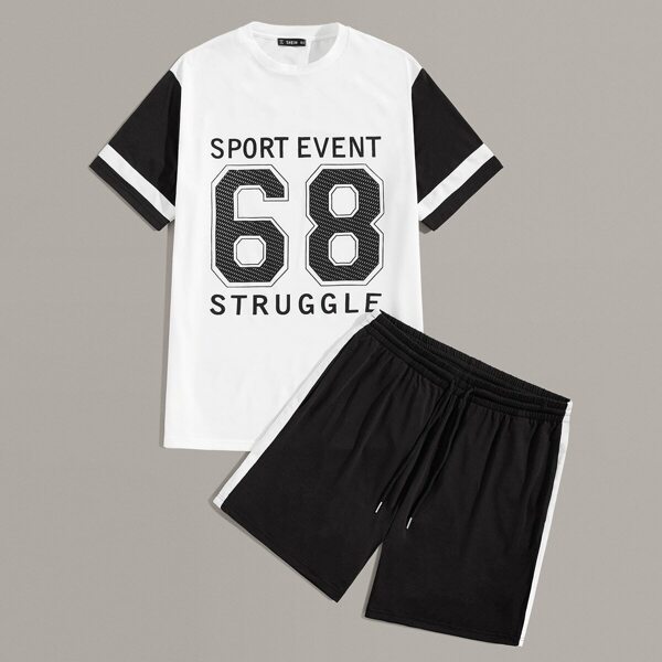 

Men Mixed Print Top and Drawstring Waist Shorts Set