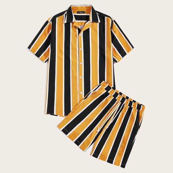 

Men Colorful Striped Top and Drawstring Waist Shorts Set, Multicolor