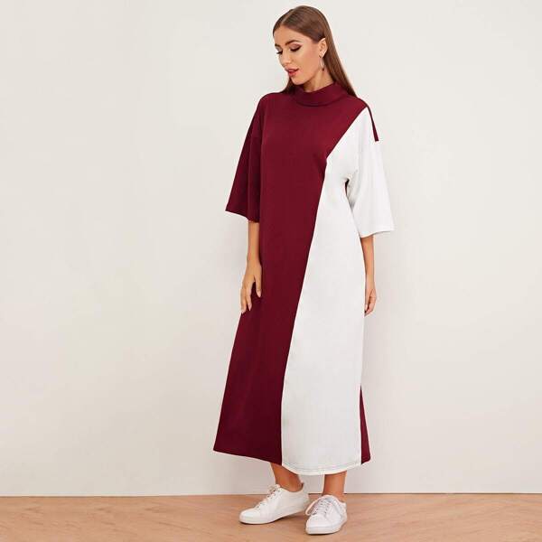 

Stand Neck Drop Shoulder Two Tone Dress