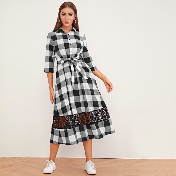 

Guipure Lace Insert Belted Half Placket Plaid Dress, Black and white
