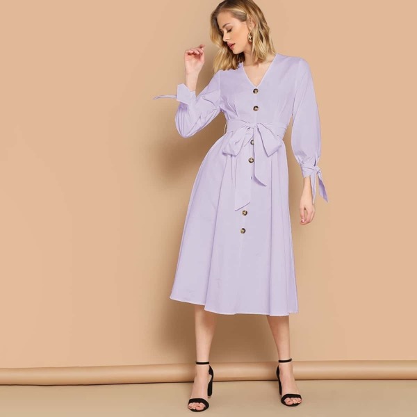 

Knot Cuff Button Front Self Belted Dress, Purple
