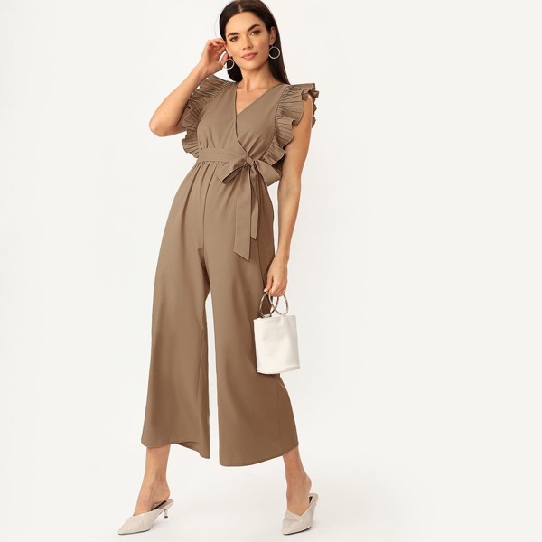 

Pleated Sleeve Self Belted Wrap Jumpsuit