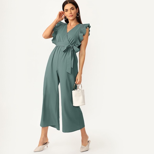 

Pleated Sleeve Self Belted Wrap Jumpsuit, Green