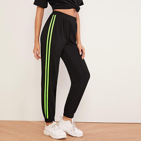 

Neon Green Side Striped Elastic Waist Sweatpants, Black