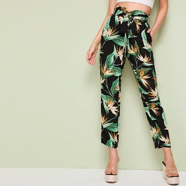 

Paperbag Waist Self Belted Plants Print Pants