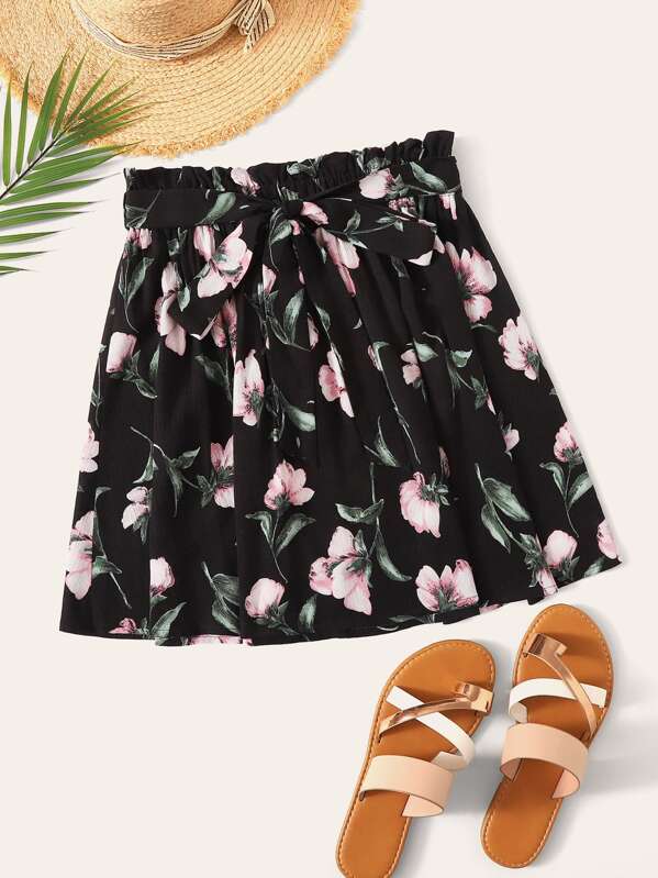 

Paperbag Waist Self Belted Floral Print Skirt, Black