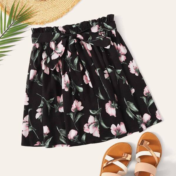 

Paperbag Waist Self Belted Floral Print Skirts, Black