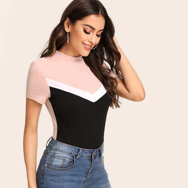 

Mock-neck Colorblock Fitted Top, Multicolor