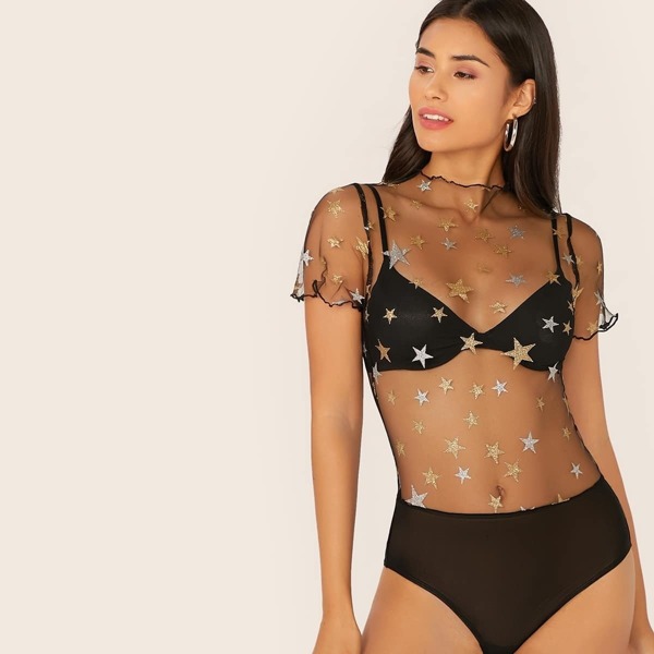 

Lettuce Trim Sheer Star Mesh Bodysuit Without Bra