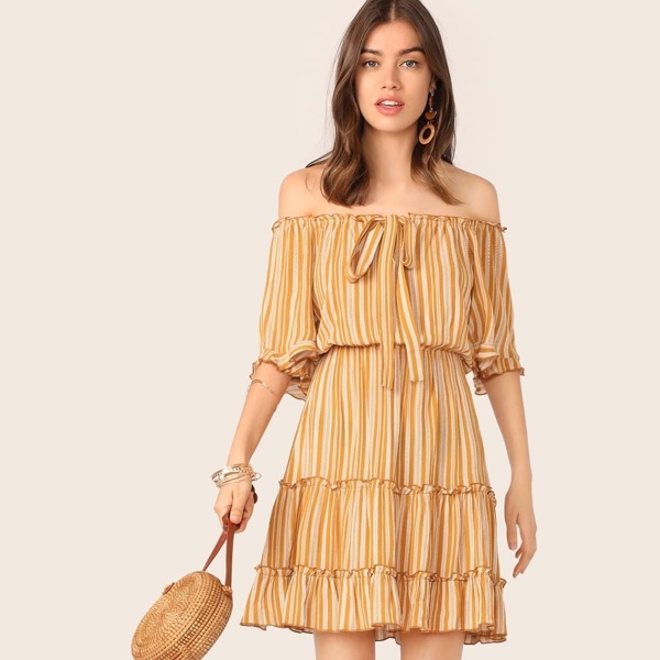 

Off Shoulder Tie Neck Frill Trim Striped Dress, Yellow