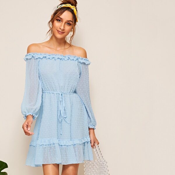 

Off Shoulder Frill Trim Swiss Dot Dress, Blue pastel