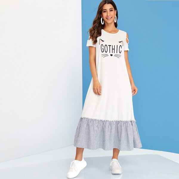 

Cold Shoulder Graphic Print Striped Ruffle Hem Dress