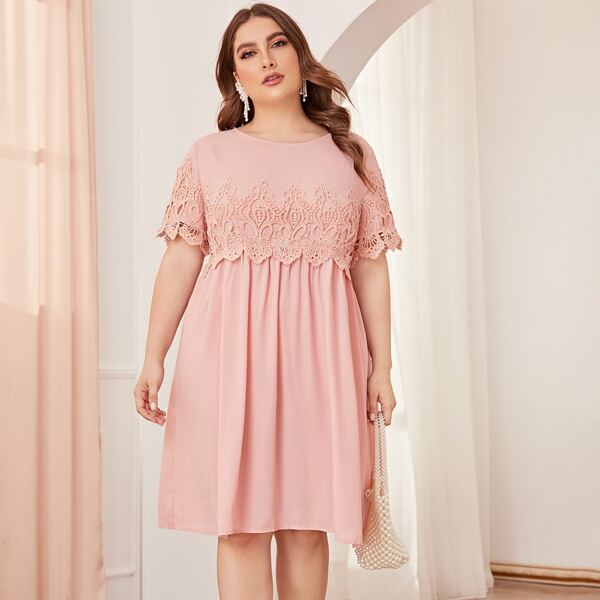 

Plus Solid Guipure Lace Appliques Dress, Pastel coral pink