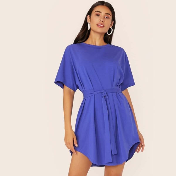 

Solid Self Belted Curved Hem Dress, Blue