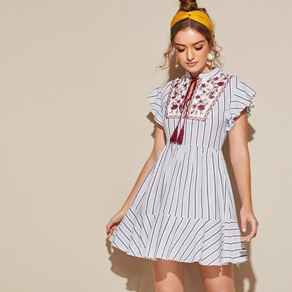 

Floral Embroidery Fringe Tie Neck Ruffle Hem Striped Dress