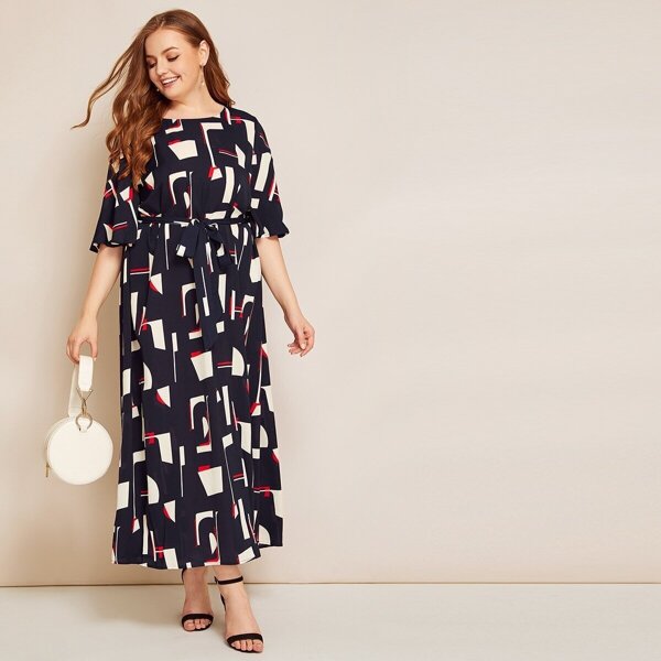 

Plus Self Belted Geo Print Dress, Multicolor