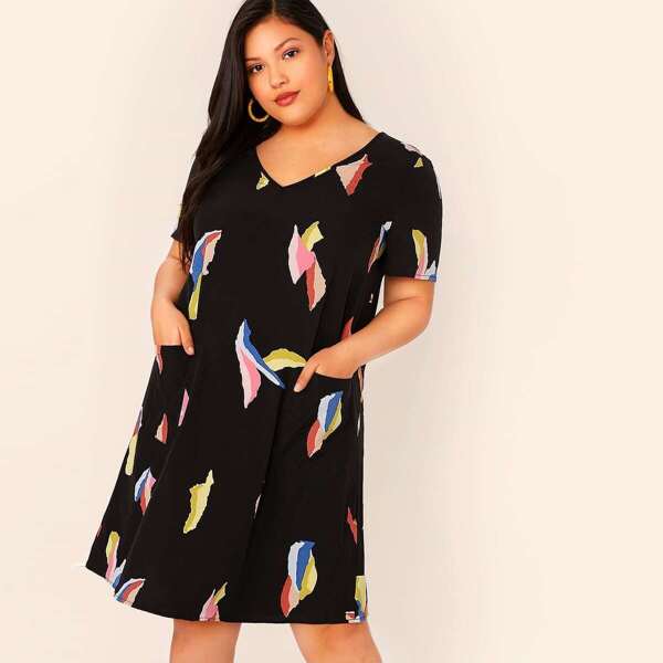 

Plus V-neck Pocket Front Dress, Black