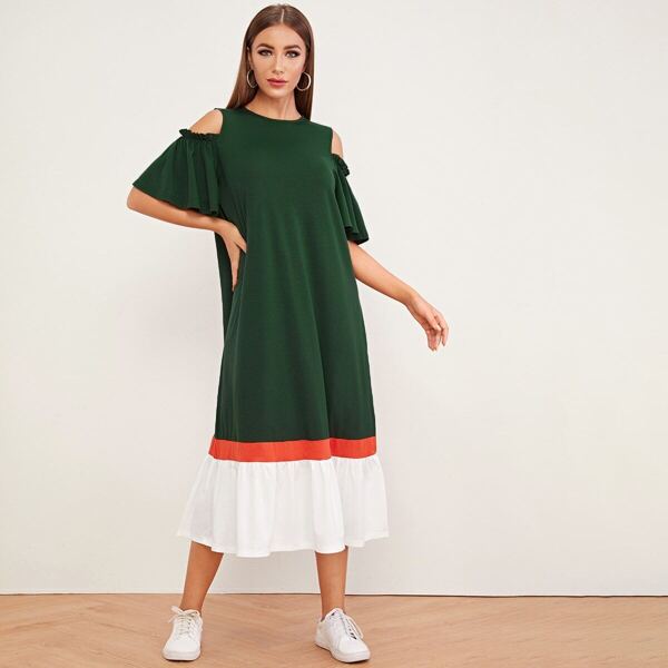 

Cold Shoulder Butterfly Sleeve Contrast Panel Dress, Green