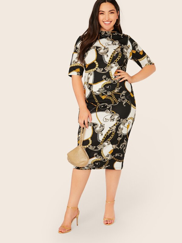 

Plus Mock Neck Scarf Print Pencil Dress, Multicolor, Yumi