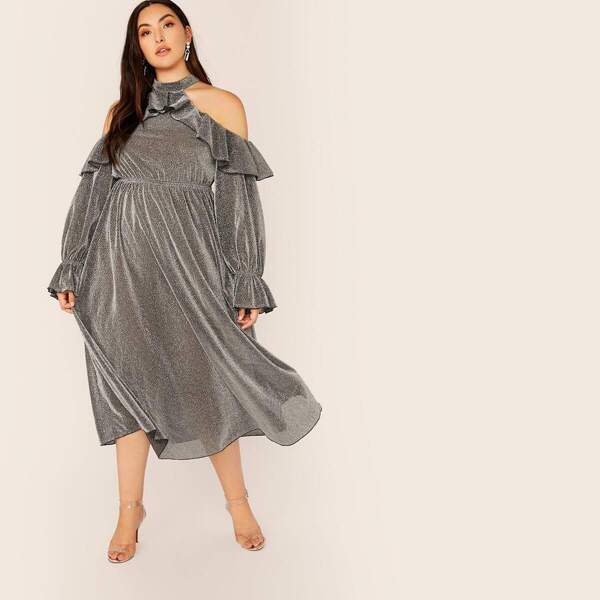 

Plus Cold Shoulder Ruffle Trim Glitter Dress, Grey