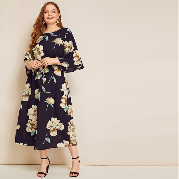 

Plus Flounce Sleeve Self Belted Floral Print Dress, Navy