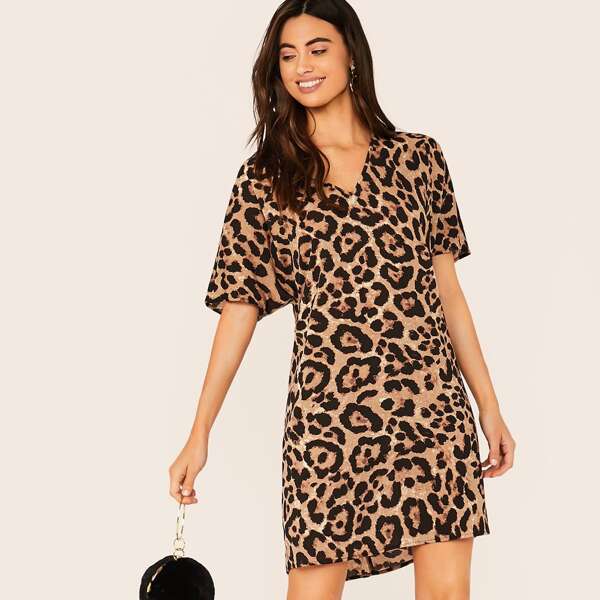 

Short Sleeve Leopard Print Dress, Multicolor