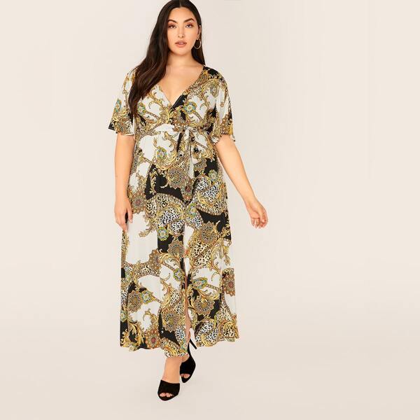 

Plus Surplice Neck Baroque Print Belted Dress, Multicolor