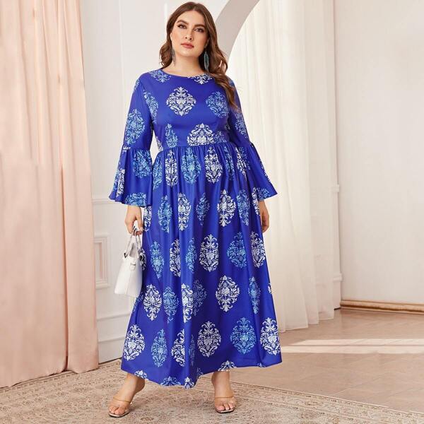 

Plus Tribal Print Flounce Sleeve Maxi Dress, Blue