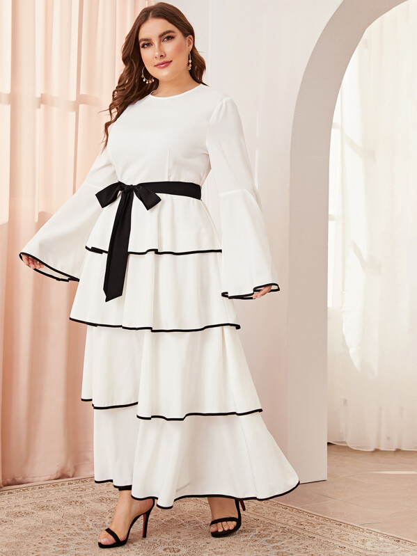 

Plus Contrast Binding Layered Ruffle Hem Belted Dress, White, Franziska