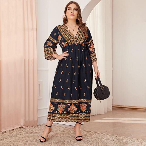 

Plus Plunging Neck Tribal Print Smock Dress
