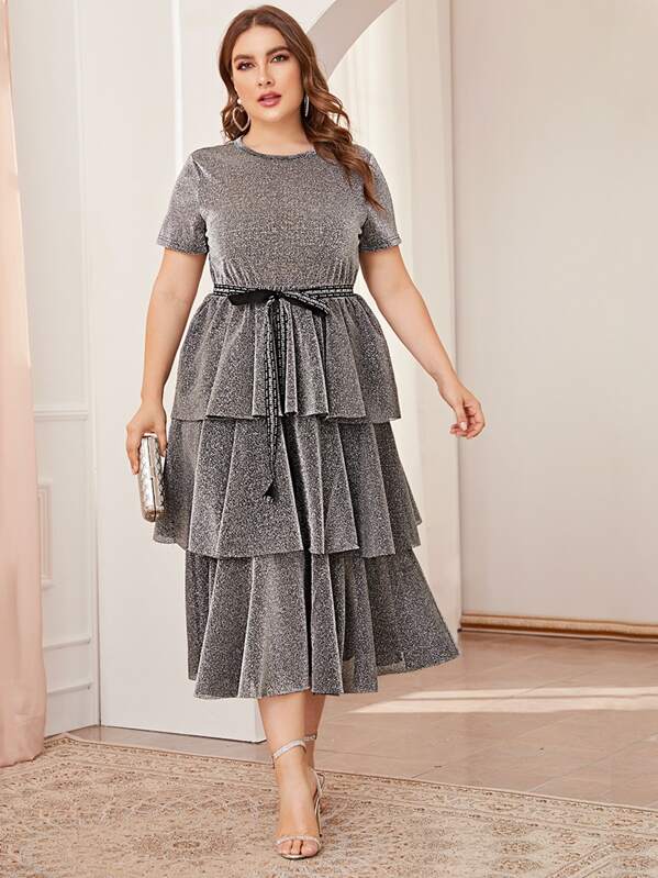

Plus Letter Tie Waist Layered Ruffle Hem Glitter Dress, Grey, Franziska