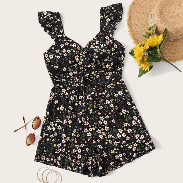 

Floral Print Peekaboo Ruffle Hem Romper